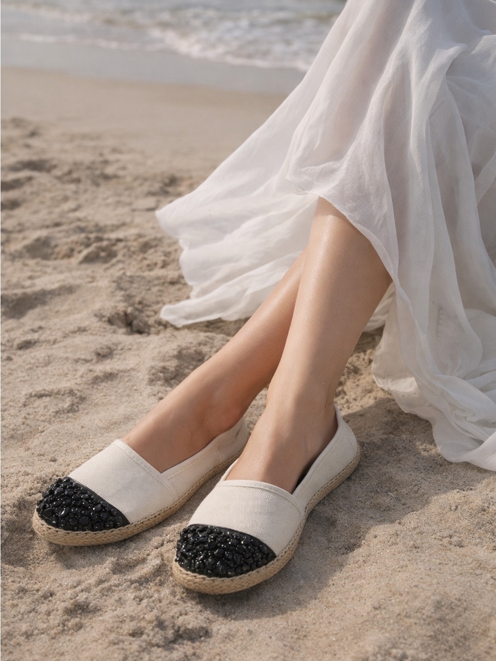 Circus by Sam Edelman Cream Canvas Espadrilles with Black Beaded Toe